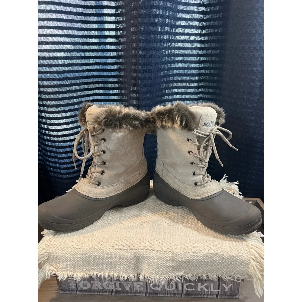 Northeast Outfitters snow Winter Boots Ivory Leather Faux Fur‎ Th insulate 7